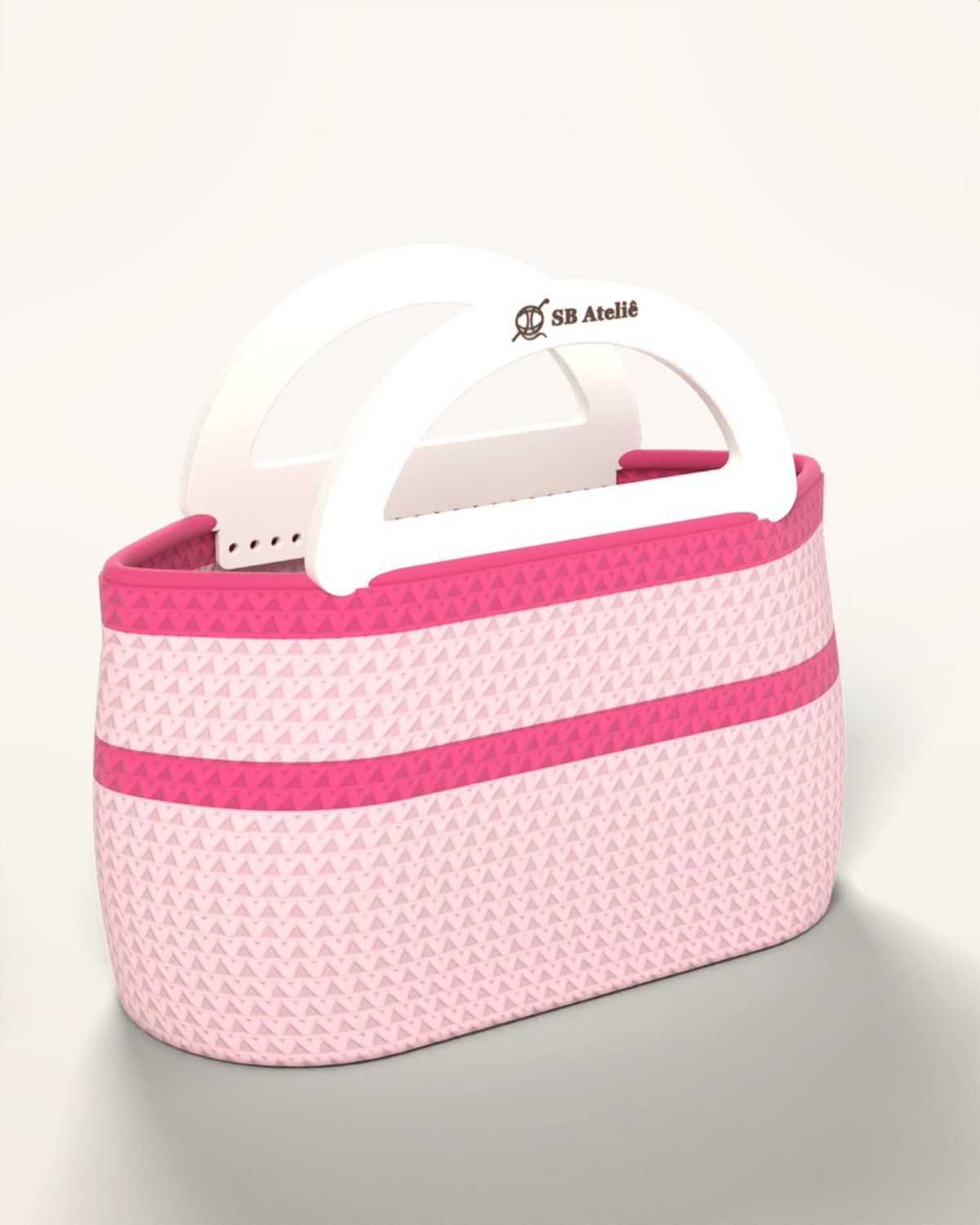 Bolsa de crochê Baguete Cápsula em Rosa Bebê & Pink, com fundo cápsula e alças impressas em 3D com logo SB Ateliê