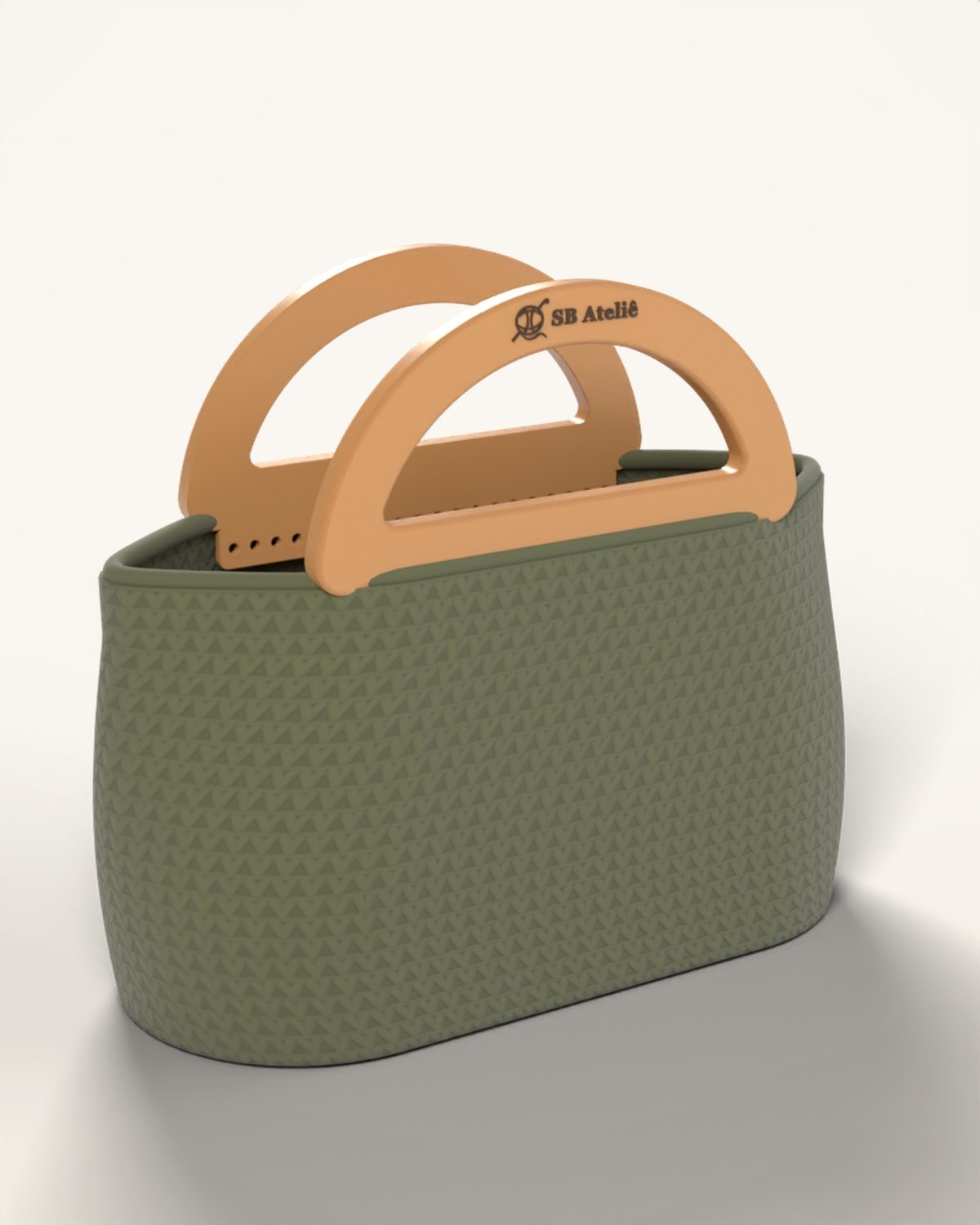 Bolsa de crochê Baguete Cápsula em Verde Militar, com fundo cápsula e alças impressas em 3D com logo SB Ateliê