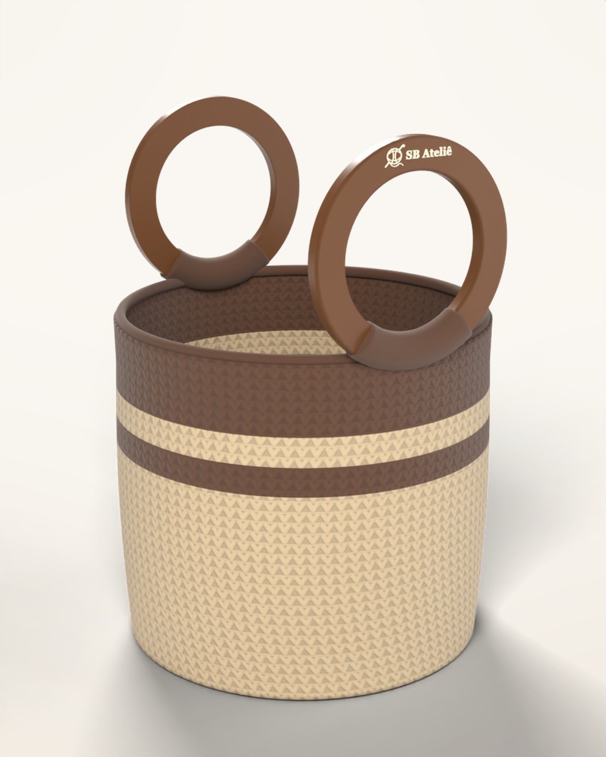 Bolsa de crochê Balde em Bege & Marrom, com fundo redondo e alças impressas em 3D com logo SB Ateliê