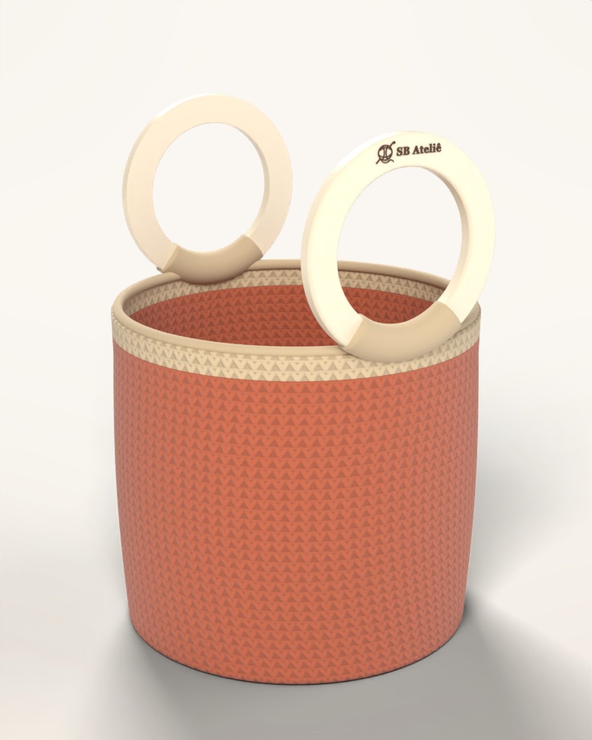 Bolsa de crochê Balde em Telha, com fundo redondo e alças impressas em 3D com logo SB Ateliê