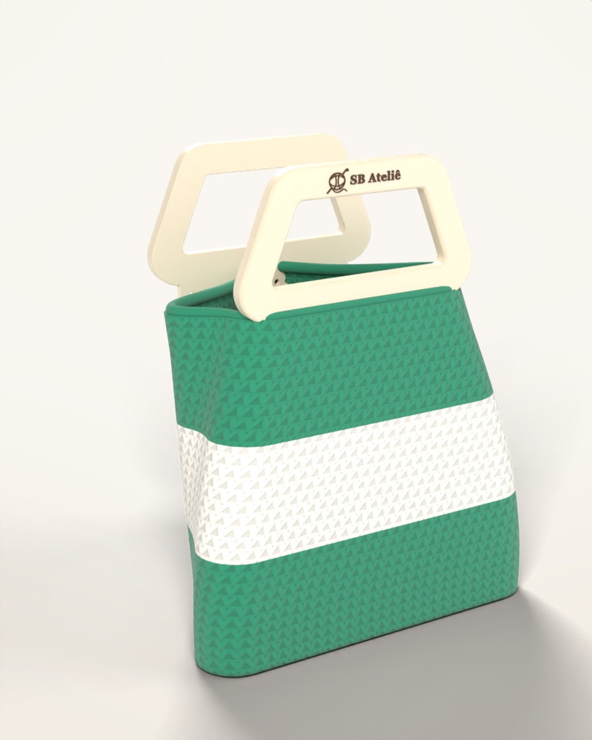 Bolsa de crochê Prisma em Esmeralda & Branco, com fundo triangular e alças impressas em 3D com logo SB Ateliê