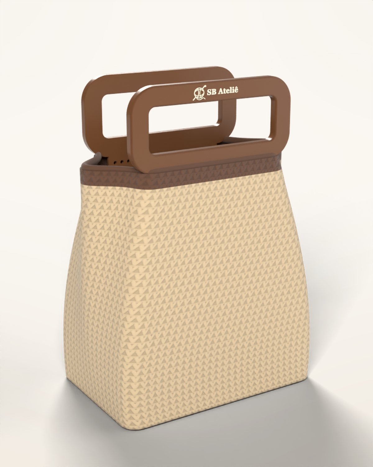 Bolsa de crochê Shopper em Bege, com fundo retangular e alças impressas em 3D com logo SB Ateliê