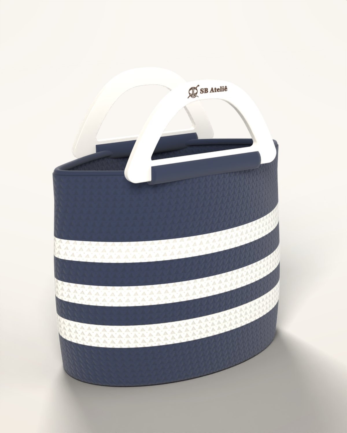 Bolsa de crochê Tote Oval em Marinho & Branco, com fundo oval e alças impressas em 3D com logo SB Ateliê