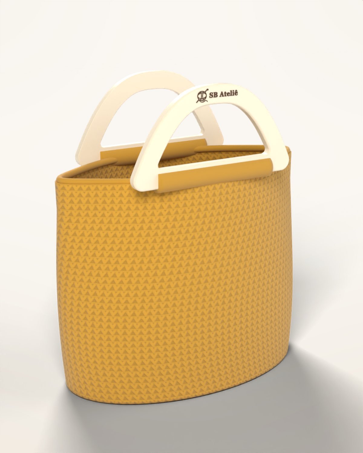 Bolsa de crochê Tote Oval em Mostarda, com fundo oval e alças impressas em 3D com logo SB Ateliê