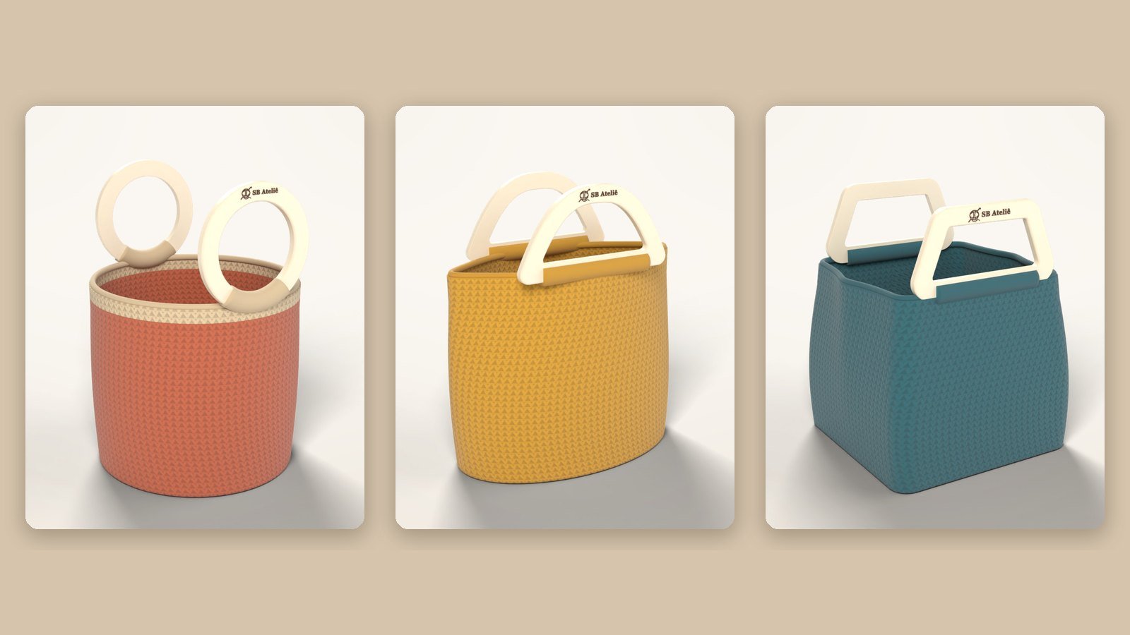 Três bolsas de crochê da SB Ateliê com fundos e alças impressos em 3D: balde telha, tote oval mostarda e cubo azul petróleo