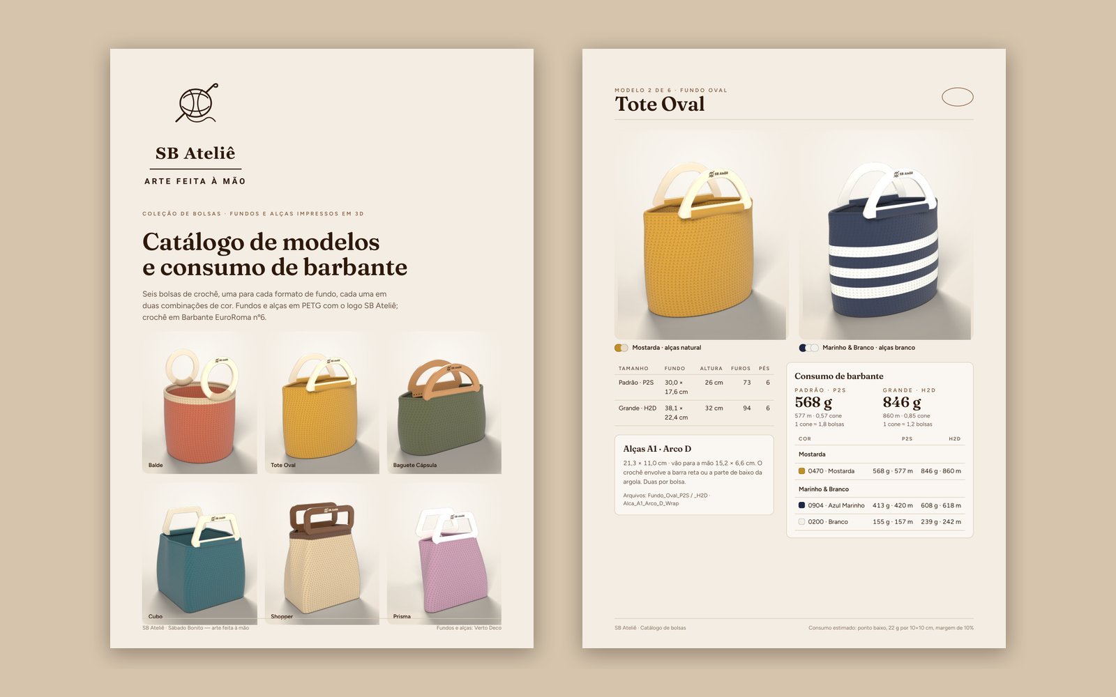 Páginas do catálogo de bolsas SB Ateliê com modelos, medidas e consumo de barbante