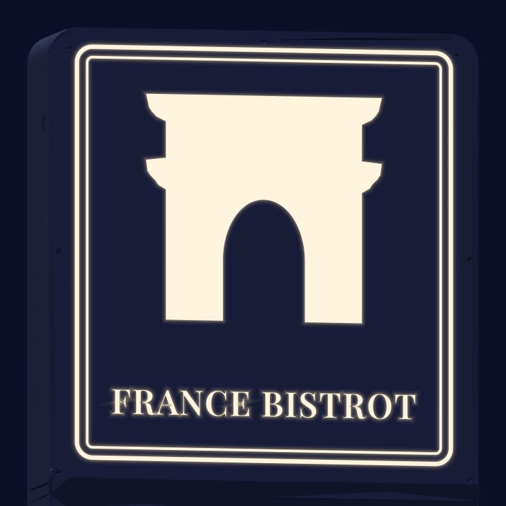 Letreiro luminoso France Bistrot com o Arco do Triunfo